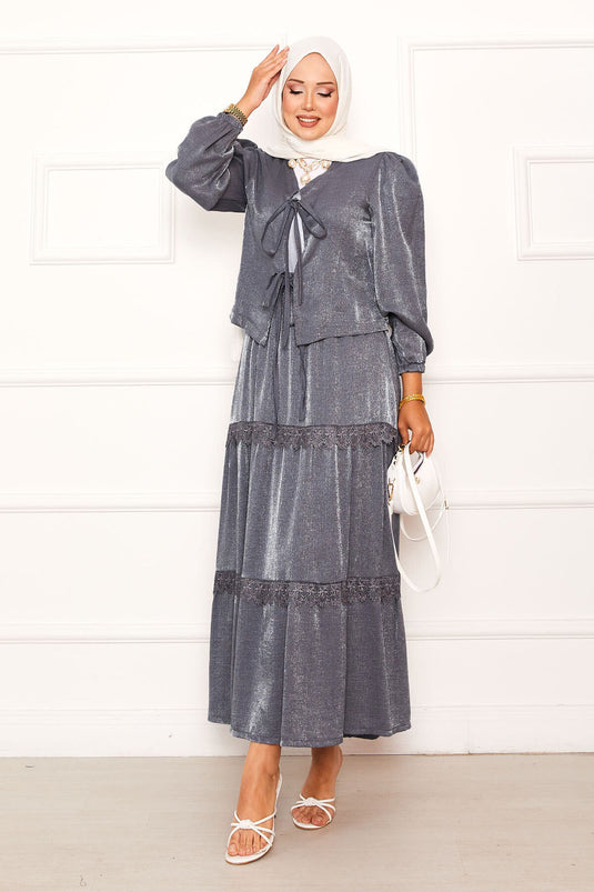 Güpür Detaylı Etekli Kimonolu Takım Gri