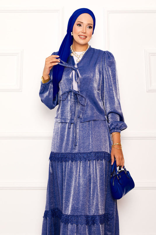 Güpür Detaylı Etekli Kimonolu Takım İndigo