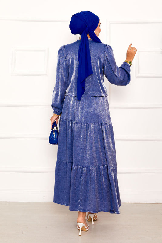 بدلة كيمونو نيلي مع تفاصيل الدانتيل وتنورة