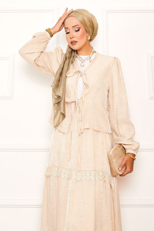 Güpür Detaylı Etekli Kimonolu Takım Krem