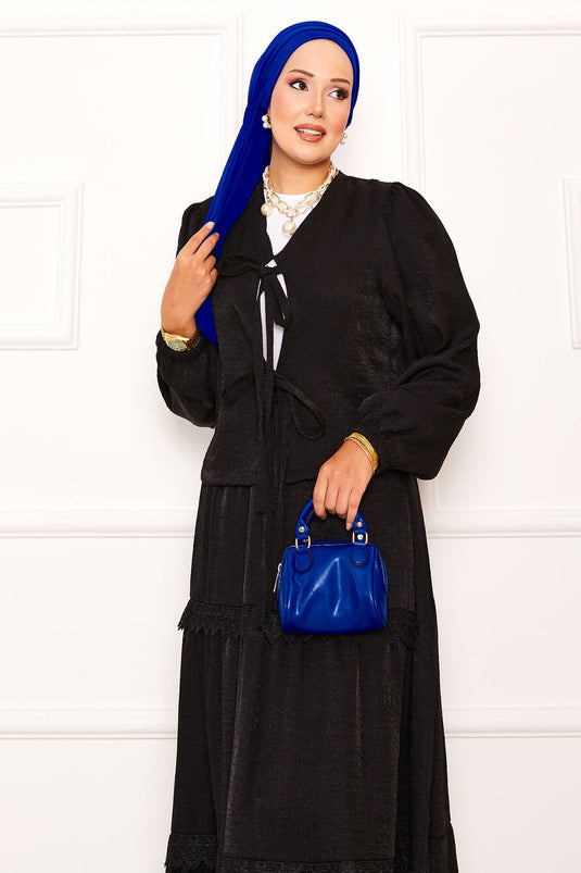 Güpür Detaylı Etekli Kimonolu Takım Siyah