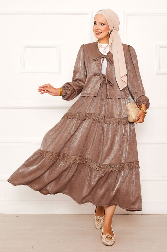 Güpür Detaylı Etekli Kimonolu Takım Taba