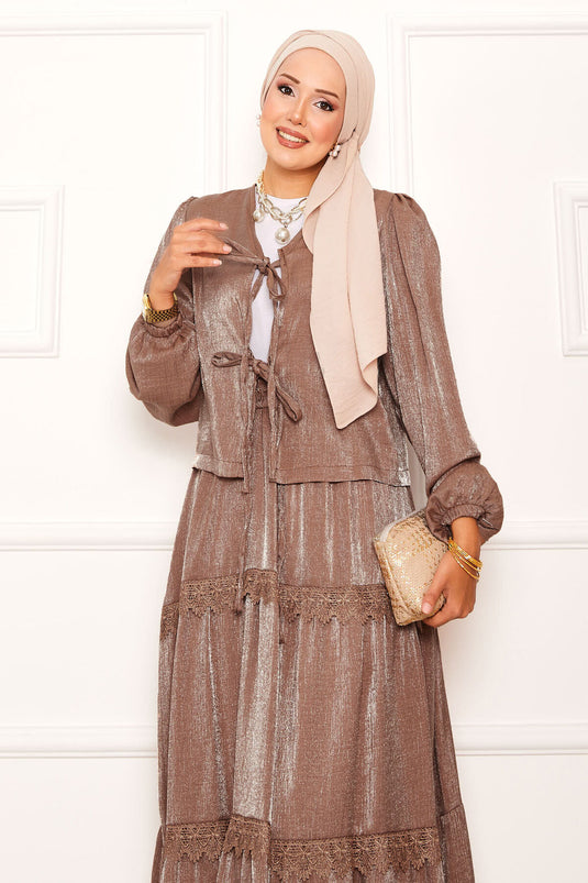 Güpür Detaylı Etekli Kimonolu Takım Taba