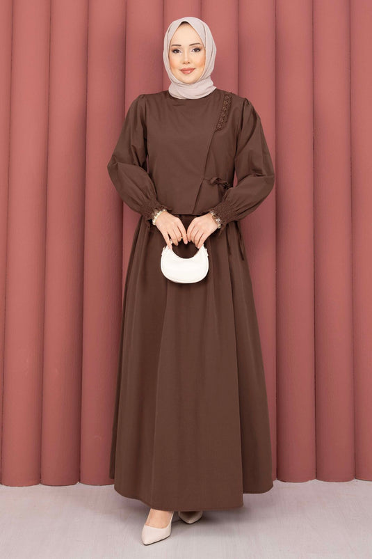 Ensemble Deux Pièces avec Robe à Bande en Guipure Marron