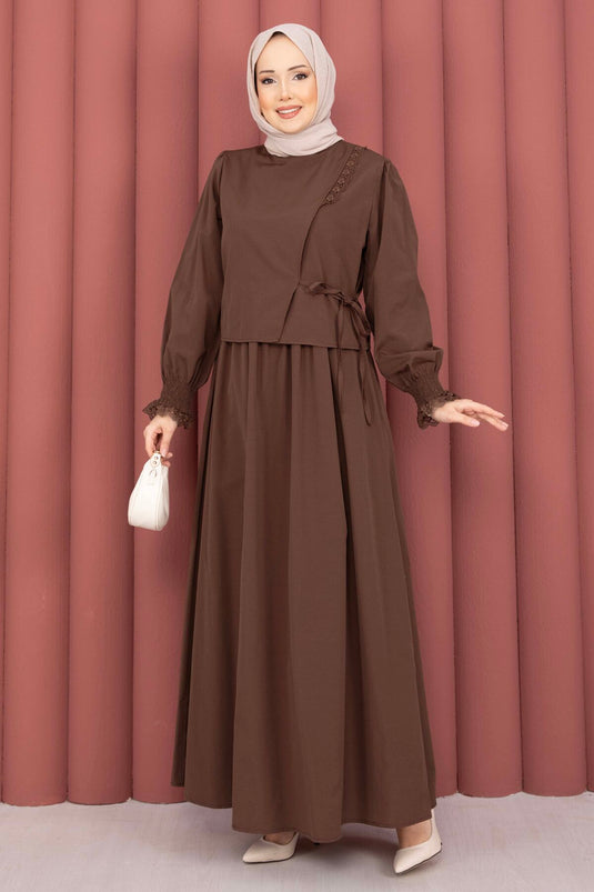 Ensemble Deux Pièces avec Robe à Bande en Guipure Marron