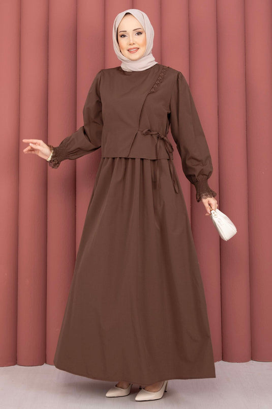 Ensemble Deux Pièces avec Robe à Bande en Guipure Marron