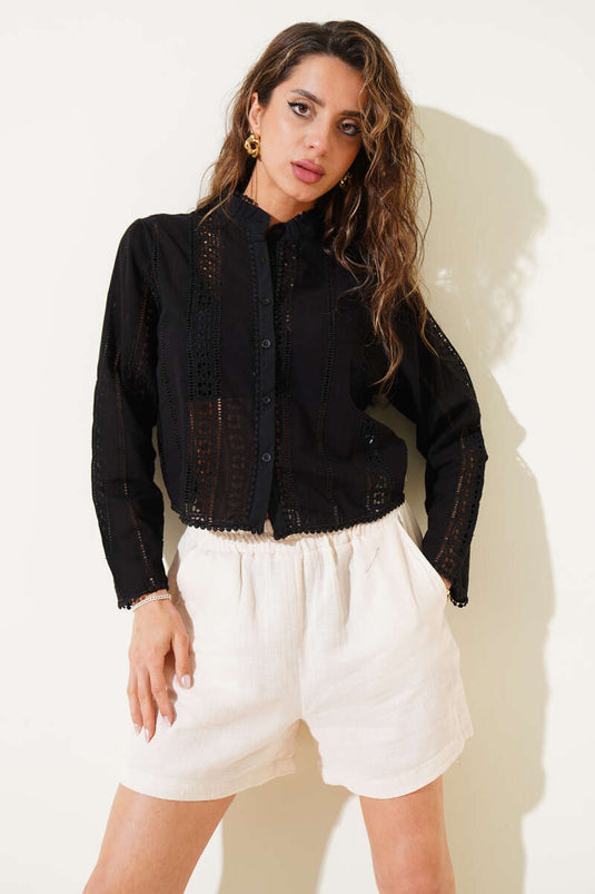 Chemise courte rayée en guipure noire