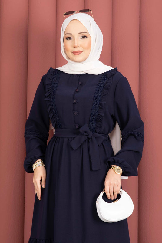 فستان محتشم بحزام مزين بالدانتيل كحلي