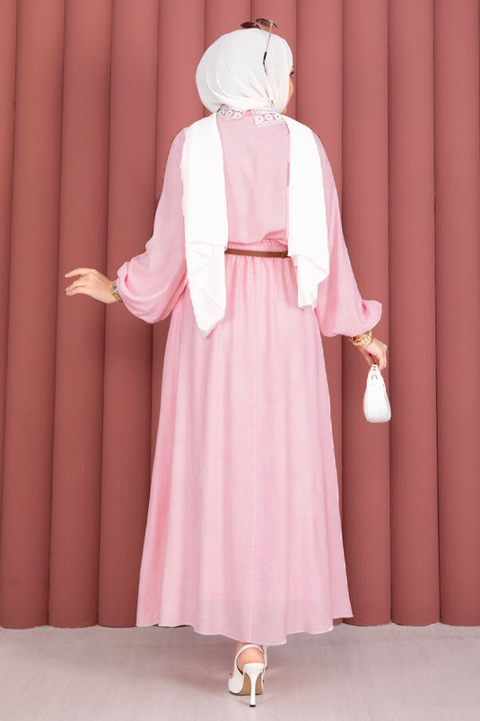 Güpür Yakalı Önden Düğmeli Gömlek Etek Takım Pembe