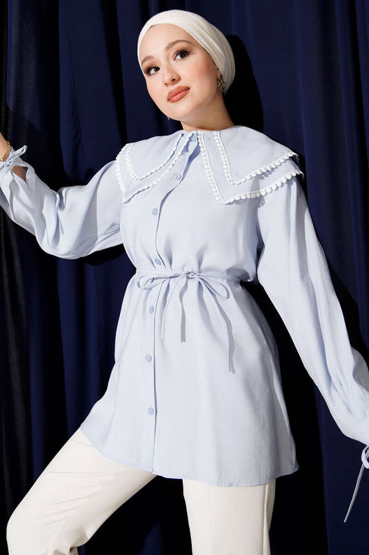 Camicia con colletto doppio marinaio in pizzo, azzurro bebè