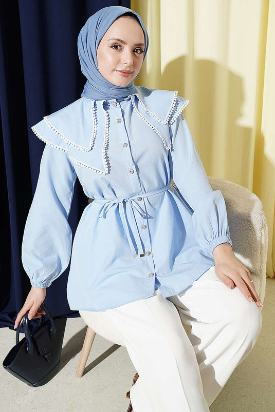 Camicia con doppio colletto marinaretto in pizzo, azzurro bebè