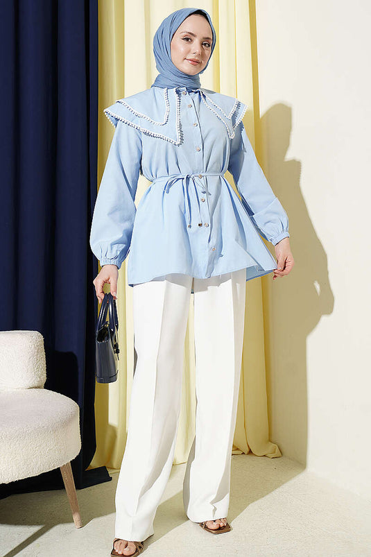 Camicia con doppio colletto marinaretto in pizzo, azzurro bebè
