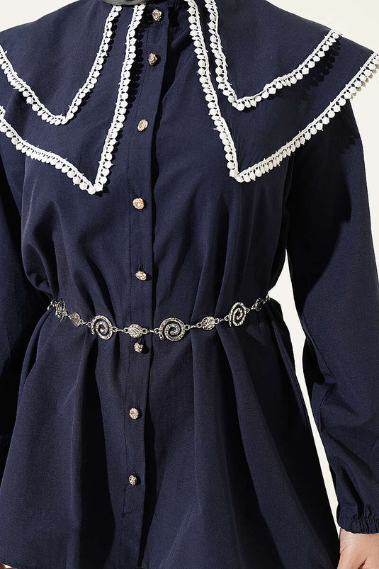 Lace-Trimmed Double Sailor Collar Shirt Navy Blue