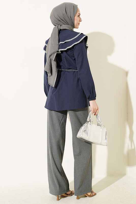 Lace-Trimmed Double Sailor Collar Shirt Navy Blue