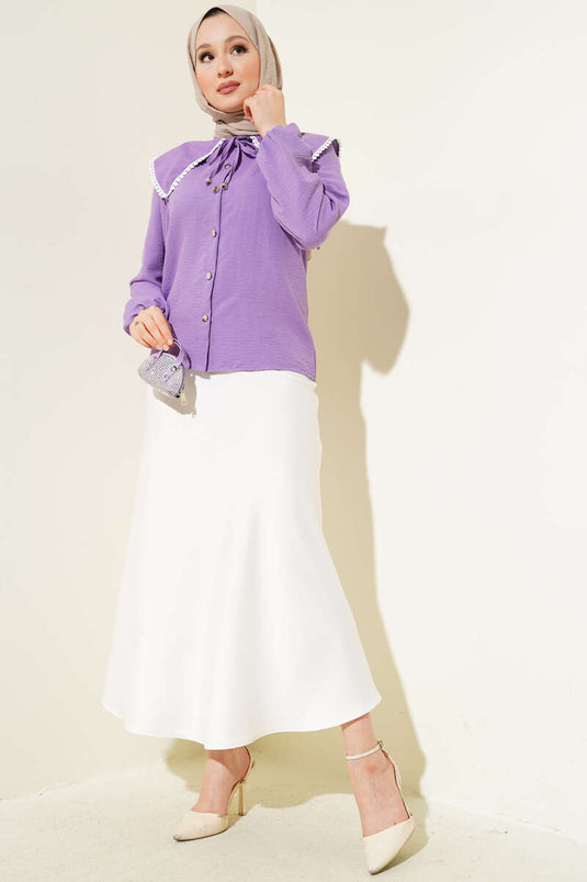 قميص قصير بياقة بحارة مزين بالدانتيل، لون أرجواني