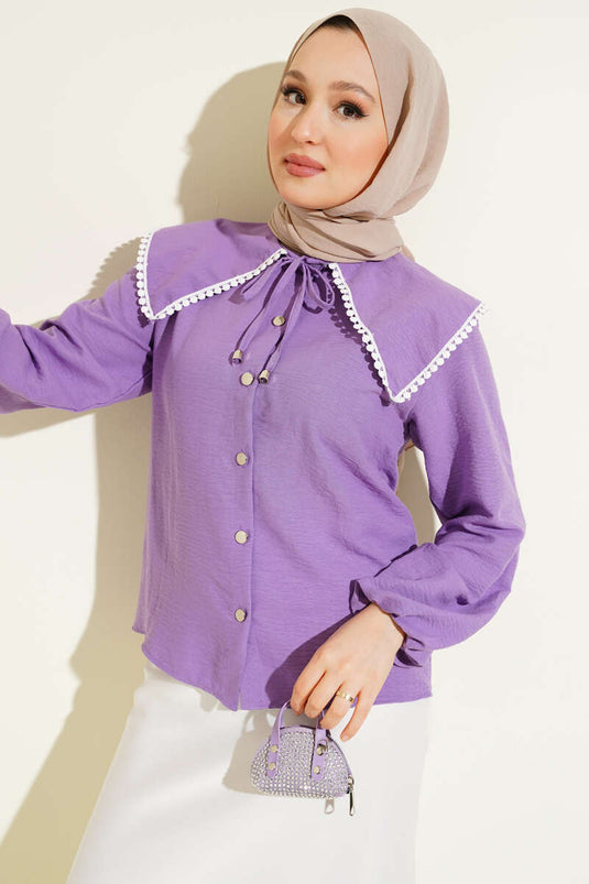 Laced Sailor Collar Short Shirt Lilac