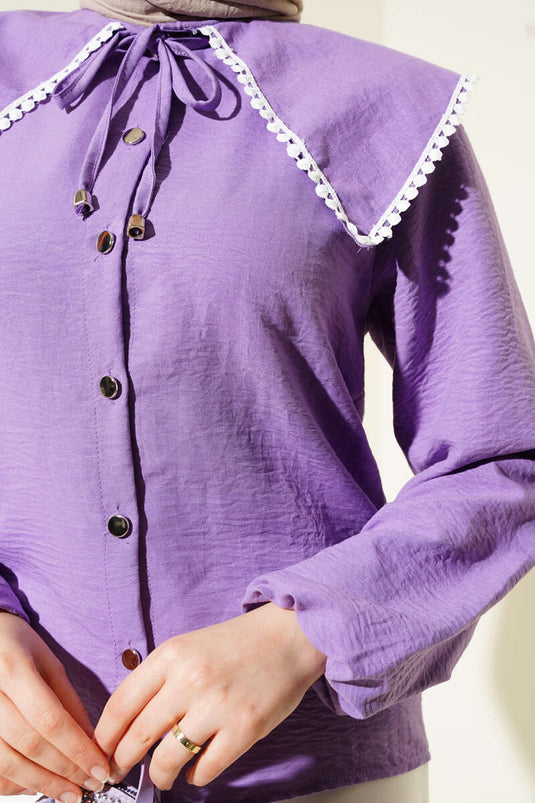 Laced Sailor Collar Short Shirt Lilac