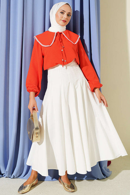 Short Shirt With Lace Collar In Coral Pink