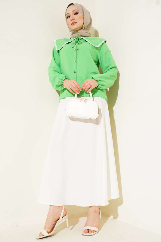 Guipure Navy Collar Short Shirt Green