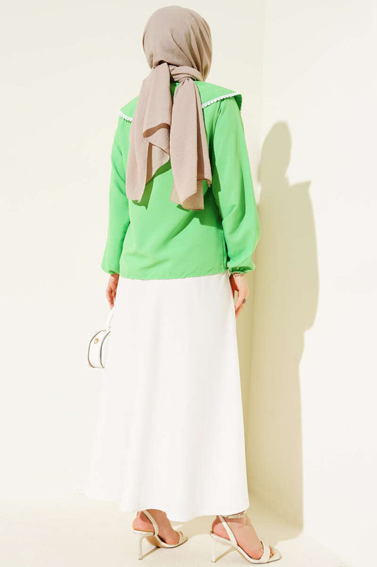 Guipure Navy Collar Short Shirt Green