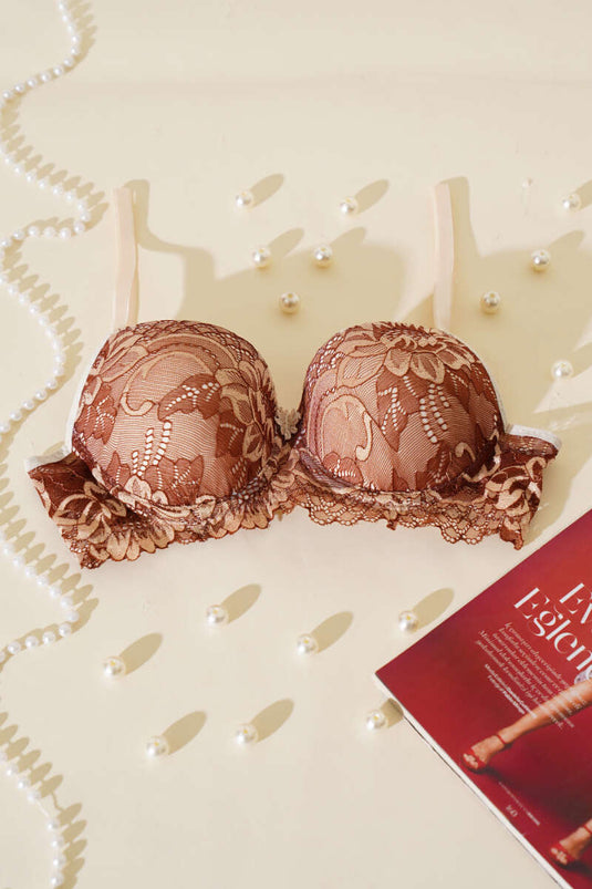 Soutien-gorge rembourré en dentelle, peau marron
