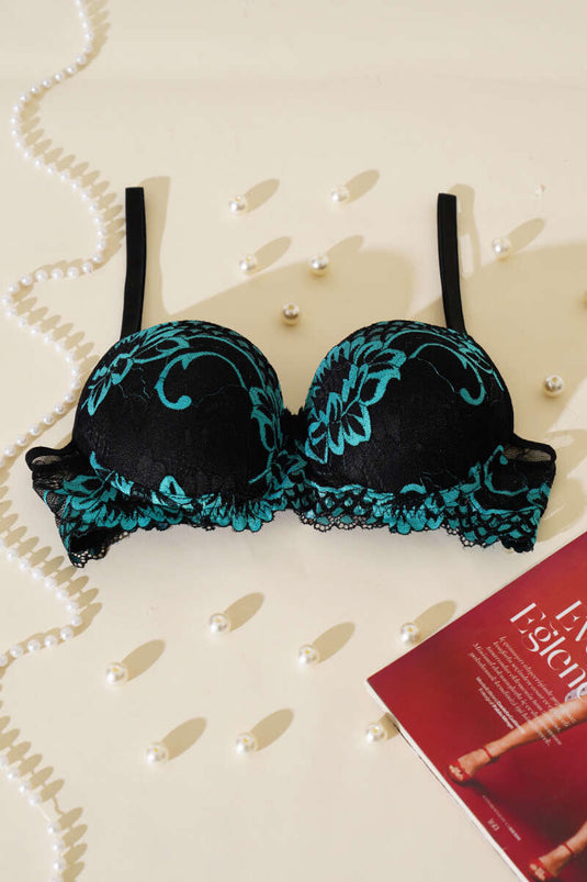 Soutien-gorge rembourré à lacets noir turquoise