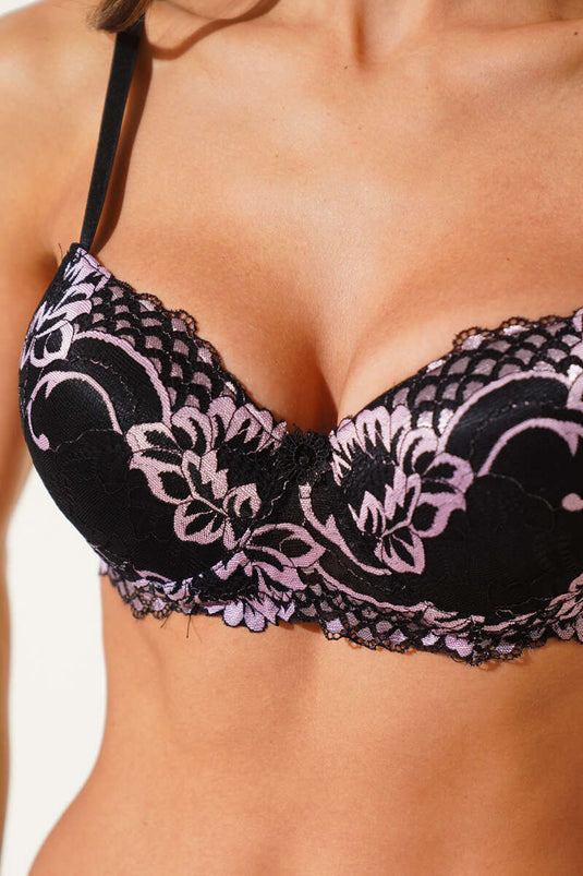 حمالة صدر غير مبطنة ومزينة بالدانتيل باللون الأسود والوردي