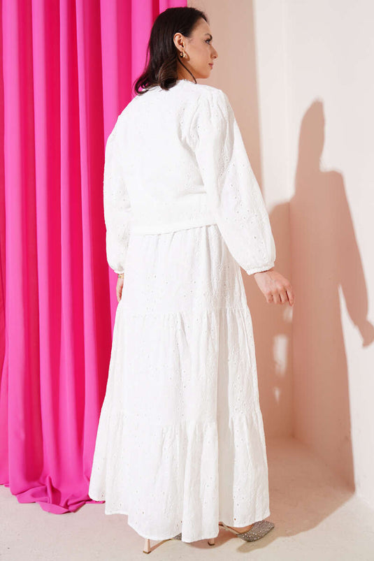 Two Piece Ecru Suit with Guipure Skirt