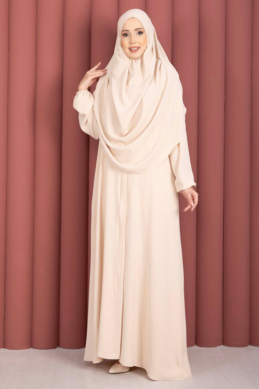 Hafsa Fermuar Detaylı Tesettür Namaz Elbisesi Bej