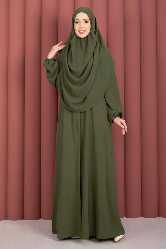 Hafsa Fermuar Detaylı Tesettür Namaz Elbisesi Haki