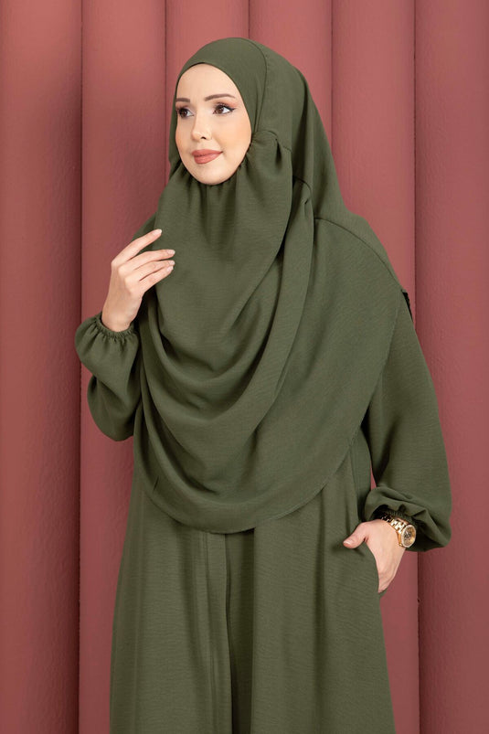 Hafsa Fermuar Detaylı Tesettür Namaz Elbisesi Haki