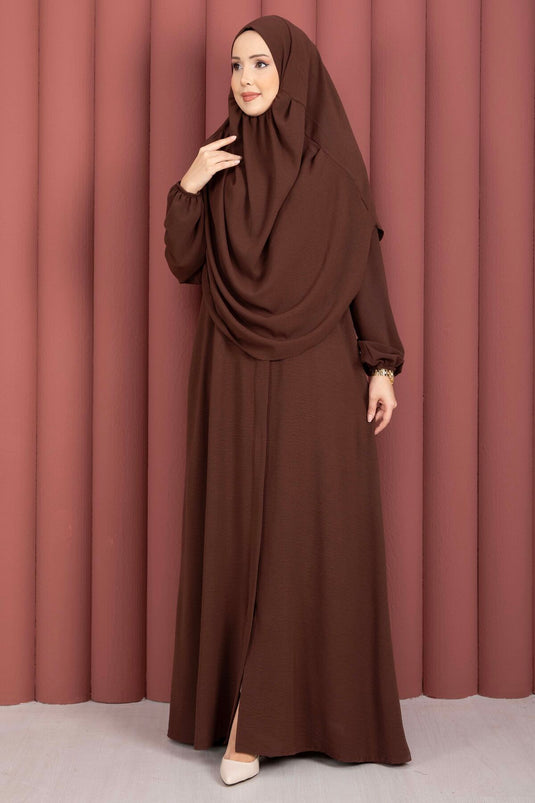 Hafsa Fermuar Detaylı Tesettür Namaz Elbisesi Kahve