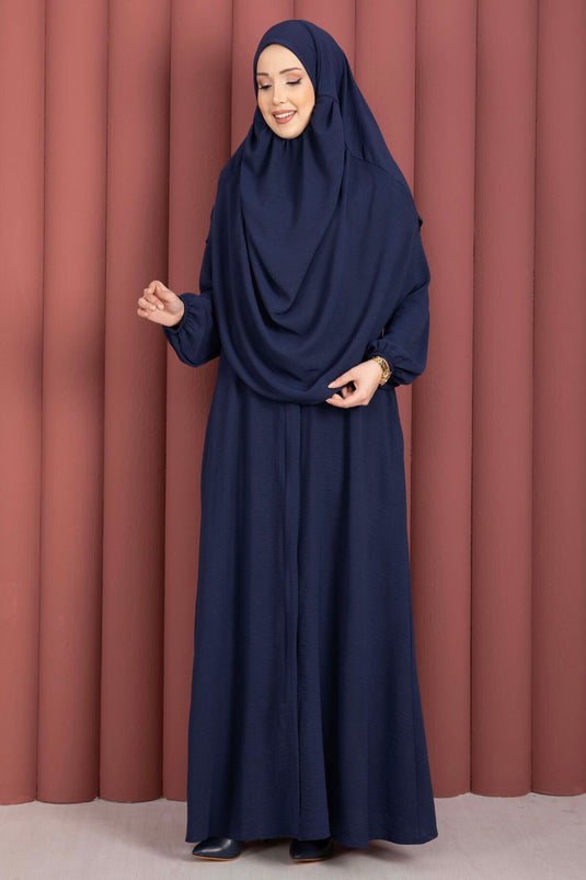 Hafsa Fermuar Detaylı Tesettür Namaz Elbisesi Lacivert