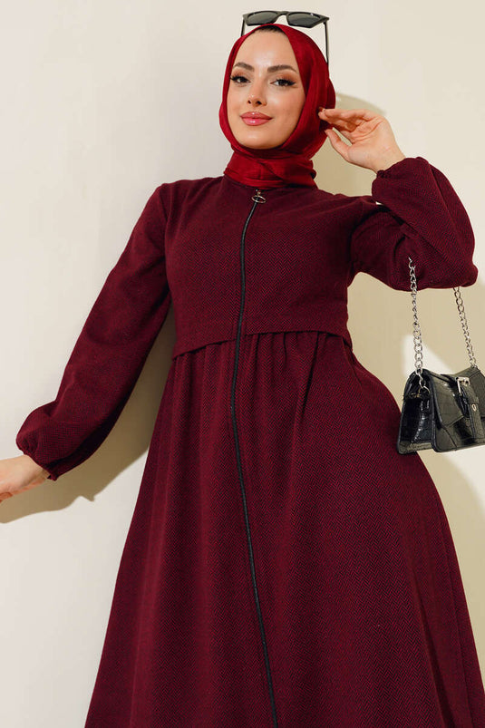 Magnifique Col Chevrons Abaya Rouge Claret