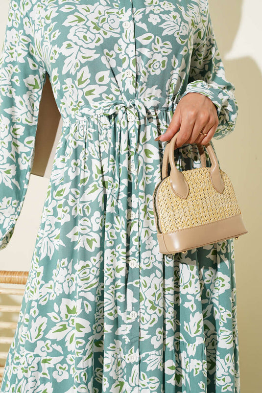 فستان بنقشة مميزة، بياقة صينية وحزام خصر مرتفع، لون نعناعي