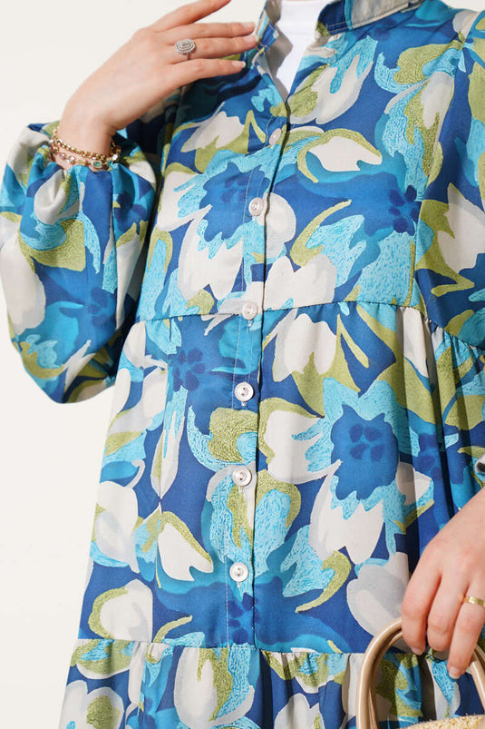 فستان بياقة صينية وأساور مطاطية ونقشة زهور، باللون الأزرق الداكن