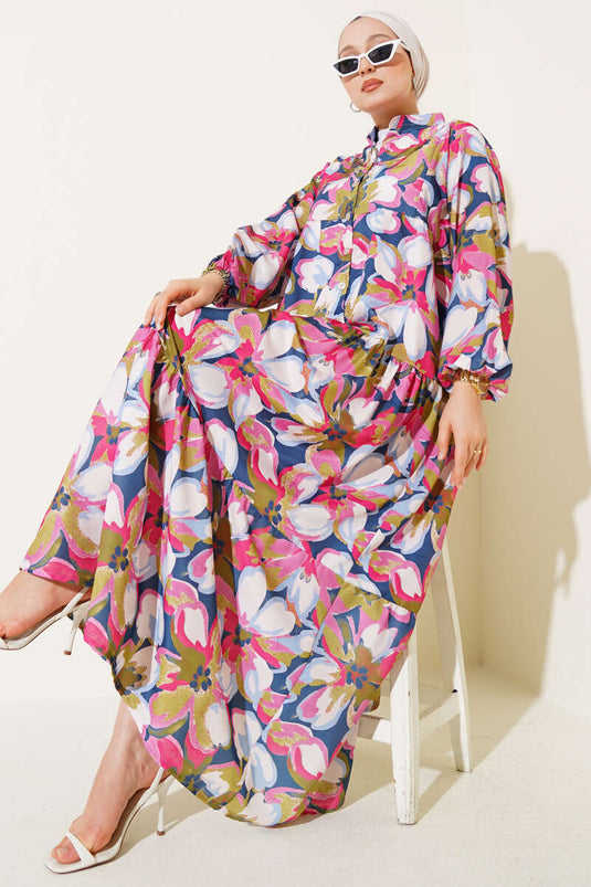 Pink Mandarin Collar Dress with Elasticated Cuffs and Floral Pattern.