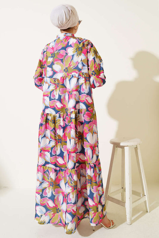 Pink Mandarin Collar Dress with Elasticated Cuffs and Floral Pattern.