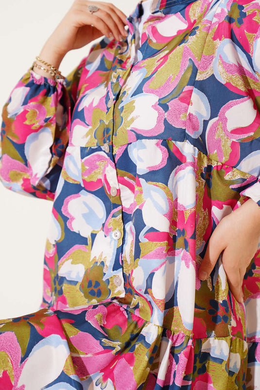 Pink Mandarin Collar Dress with Elasticated Cuffs and Floral Pattern.