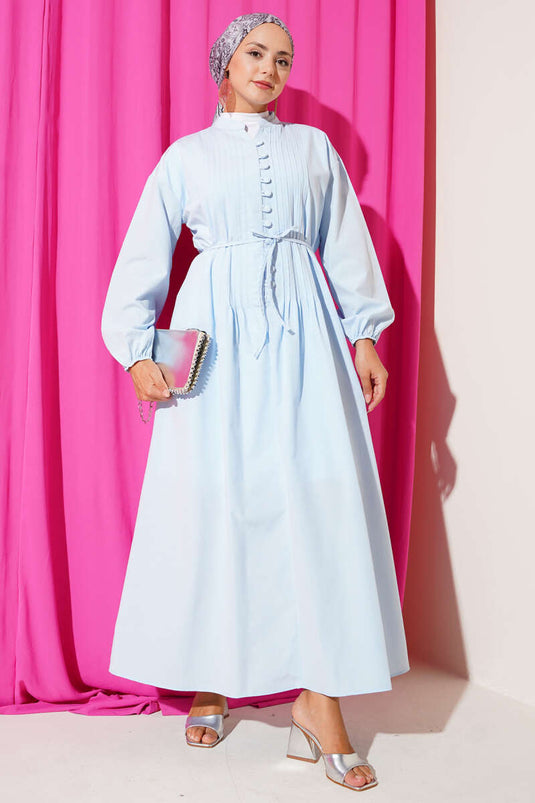 Mandarin Collar British Button-Down Dress, Baby Blue