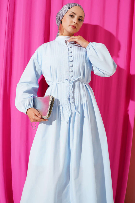 Mandarin Collar British Button-Down Dress, Baby Blue