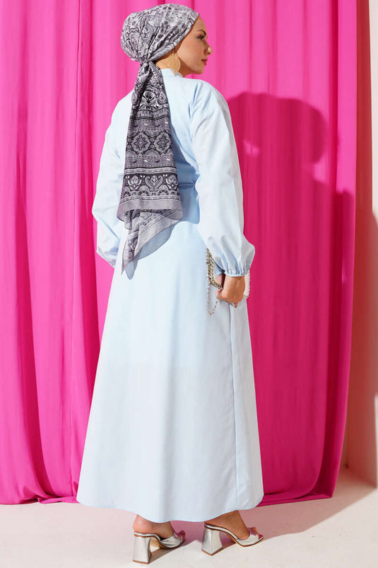 Mandarin Collar British Button-Down Dress, Baby Blue