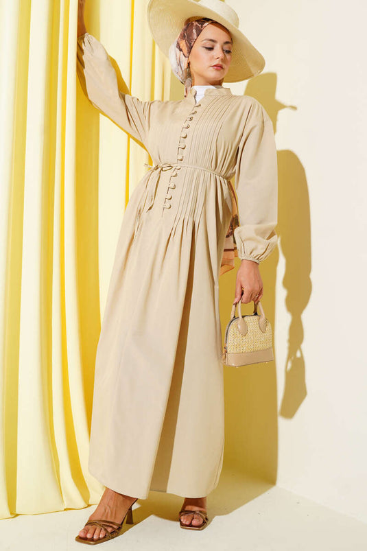 Mandarin Collar British Button-Down Dress, Beige