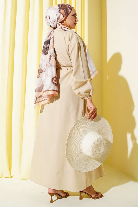 Mandarin Collar British Button-Down Dress, Beige