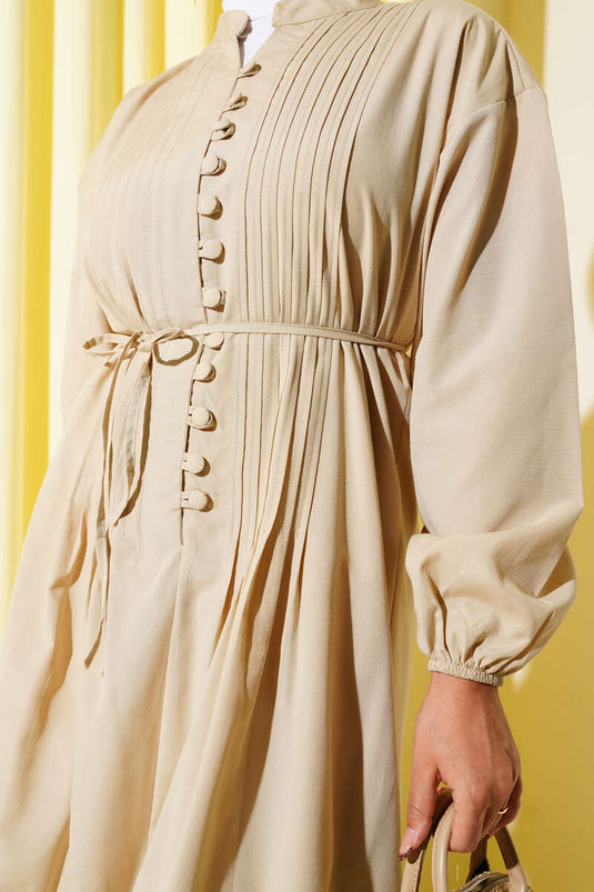 Mandarin Collar British Button-Down Dress, Beige