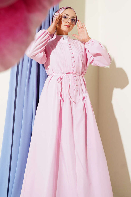 Pink Mandarin Collar British Button-Down Dress