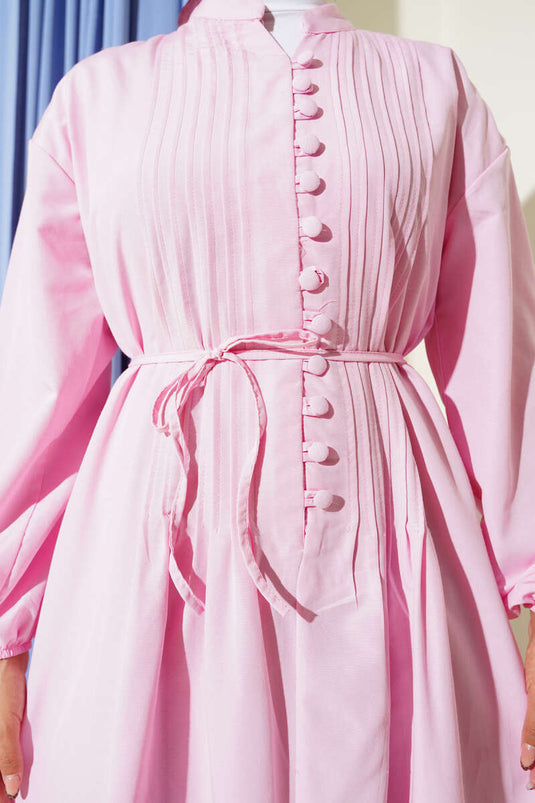 Pink Mandarin Collar British Button-Down Dress