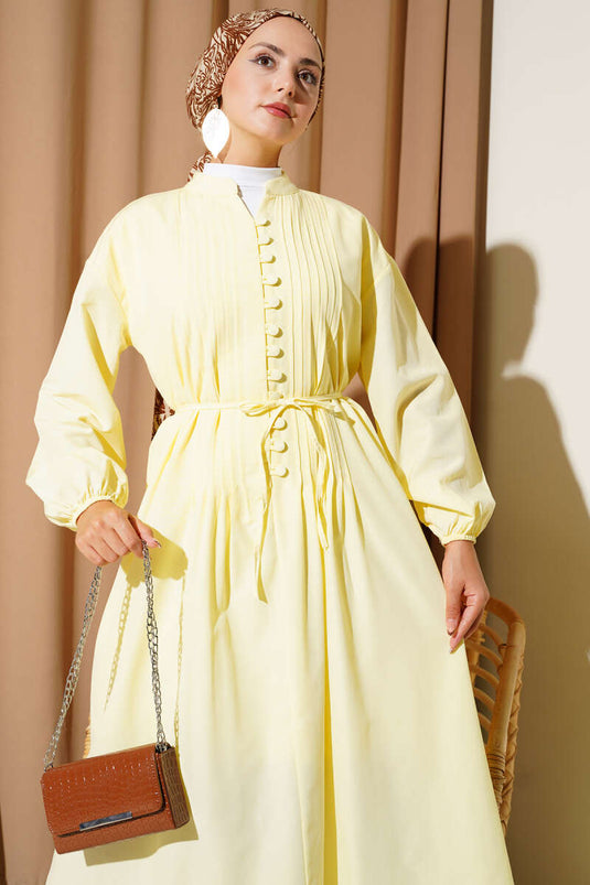 Mandarin Collar British Button-Down Dress Yellow