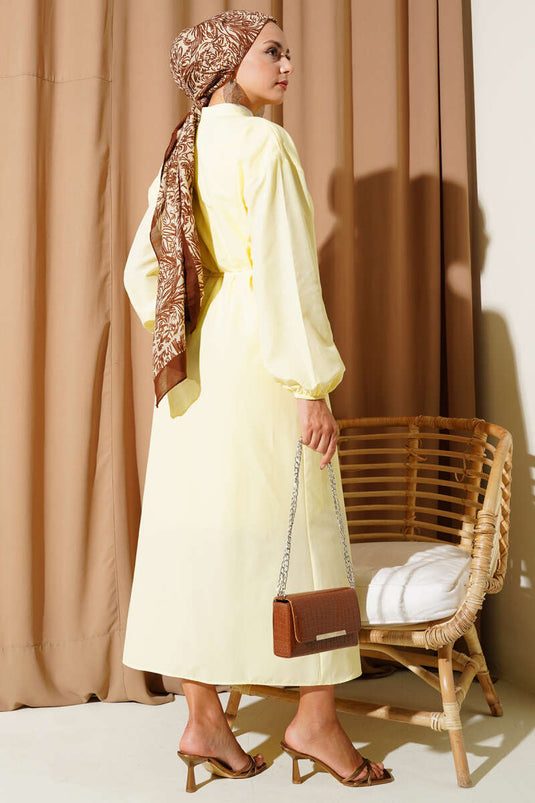 Mandarin Collar British Button-Down Dress Yellow