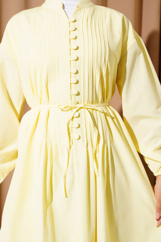 Mandarin Collar British Button-Down Dress Yellow